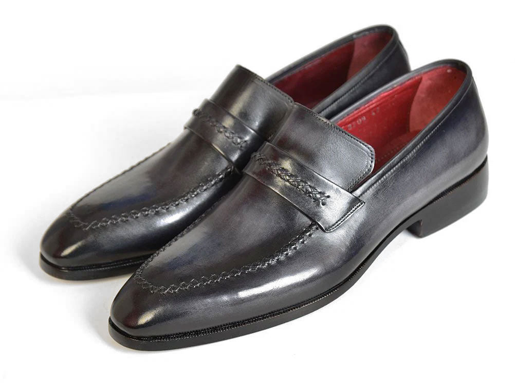 The Paul Parkman Gray & Black Loafers (068-GRAY) feature men's calfskin leather in black with stitched details and a braided accent across the top, displayed on a white background.