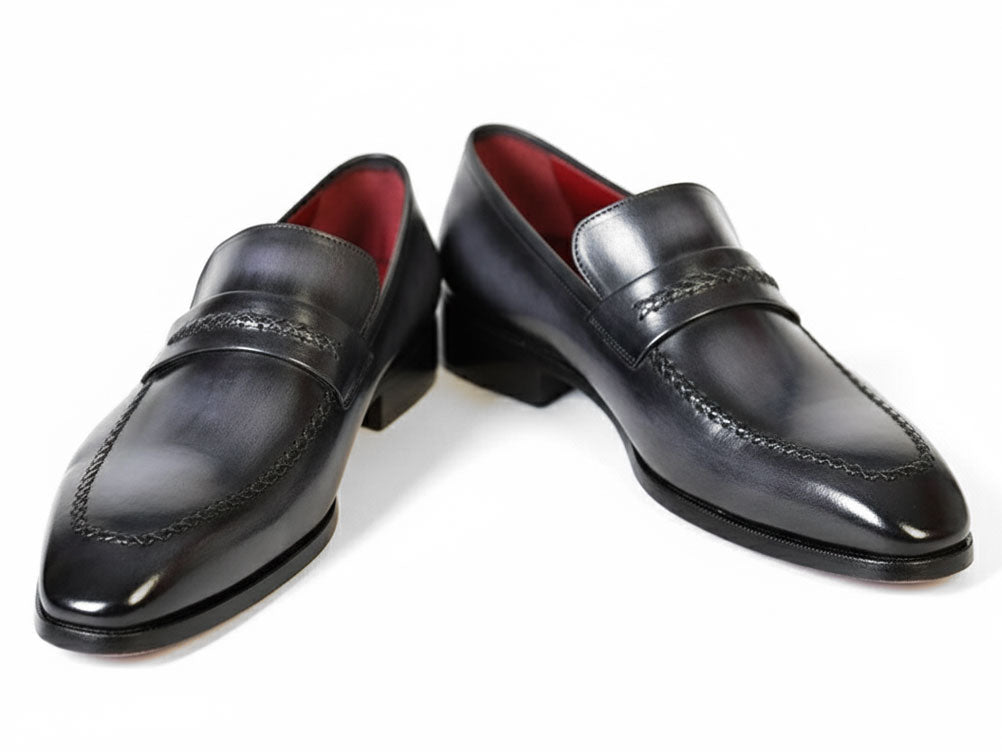 The Paul Parkman Gray & Black Loafers (068-GRAY) feature men's calfskin leather in black with stitched details and a braided accent across the top, displayed on a white background.