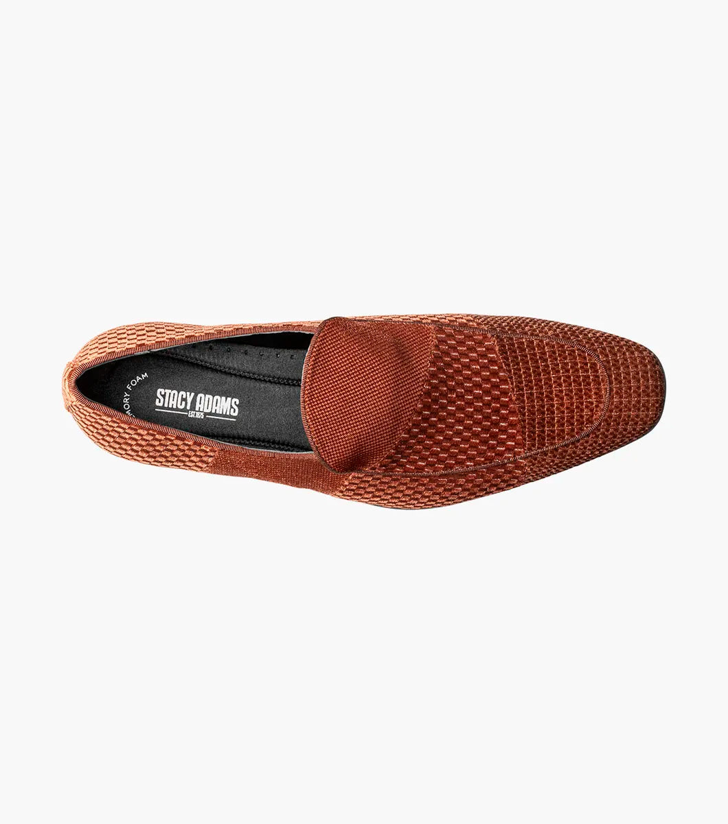 The STACY ADAMS Shapshaw Velour Moc Toe Slip On in Cognac (25642-221) features brown textured leather, a cushioned insole, and a low black heel, displayed against a plain white background.