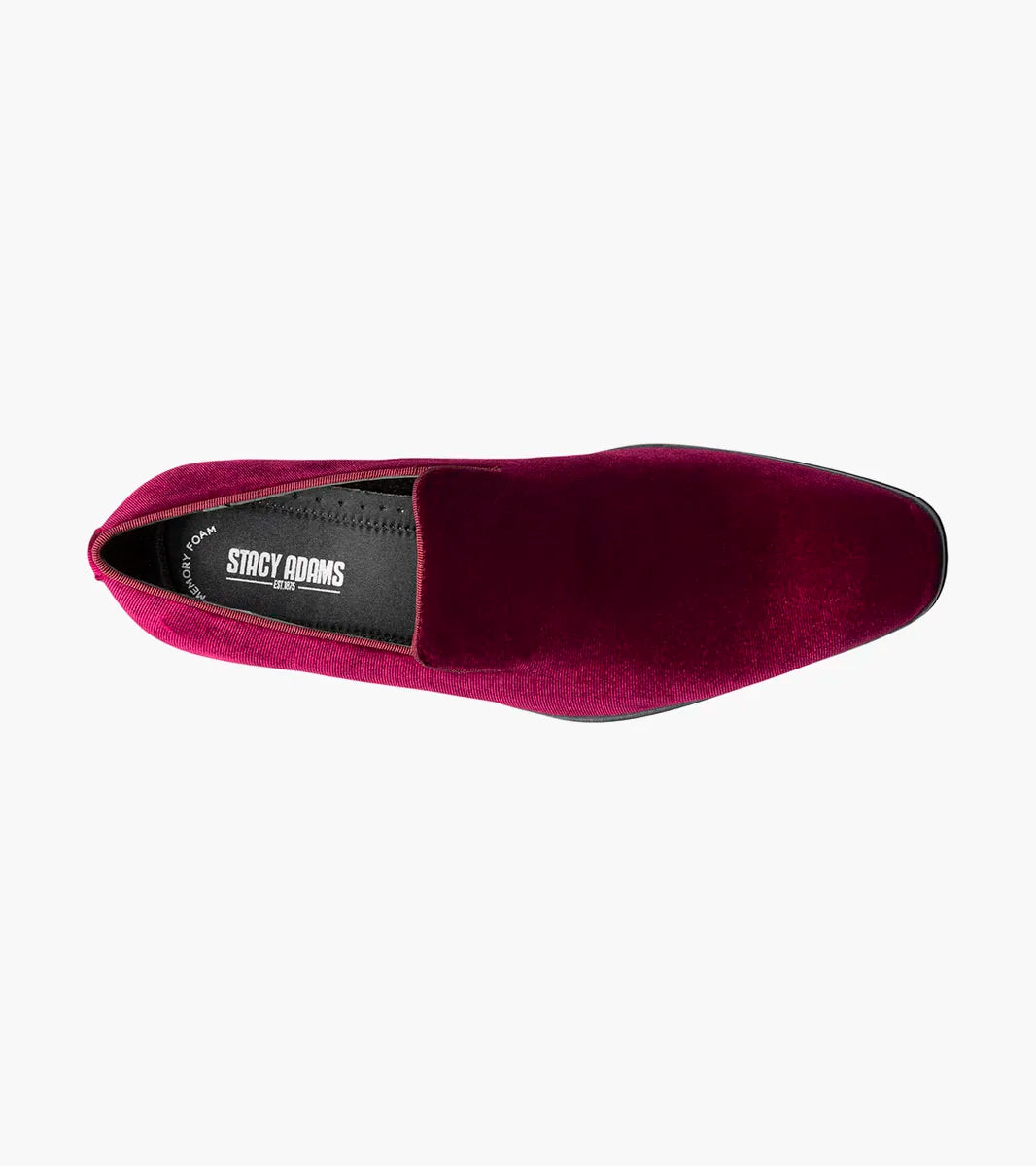 The Stacy Adams Savian Plain Toe Velour Slip On in cranberry (25613-608) features a men’s rounded toe, cushioned insole, low black heel, and sleek magenta velour design, shown on a plain white background.