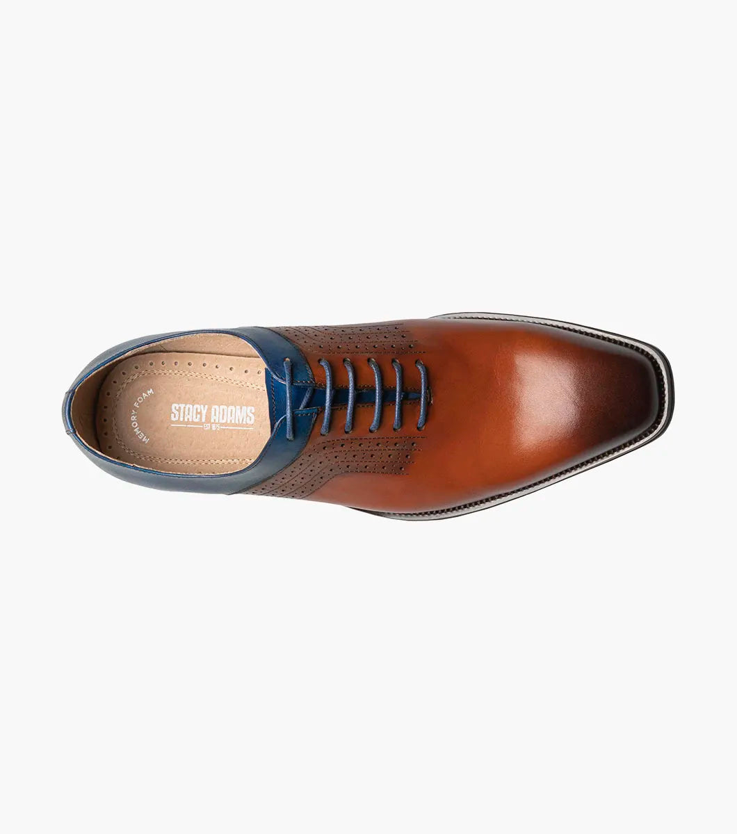 The Stacy Adams Halloway Plain Toe Oxford in Cognac Multi (25585-229) features leather construction with closed lacing and decorative perforations, showcased against a white background.