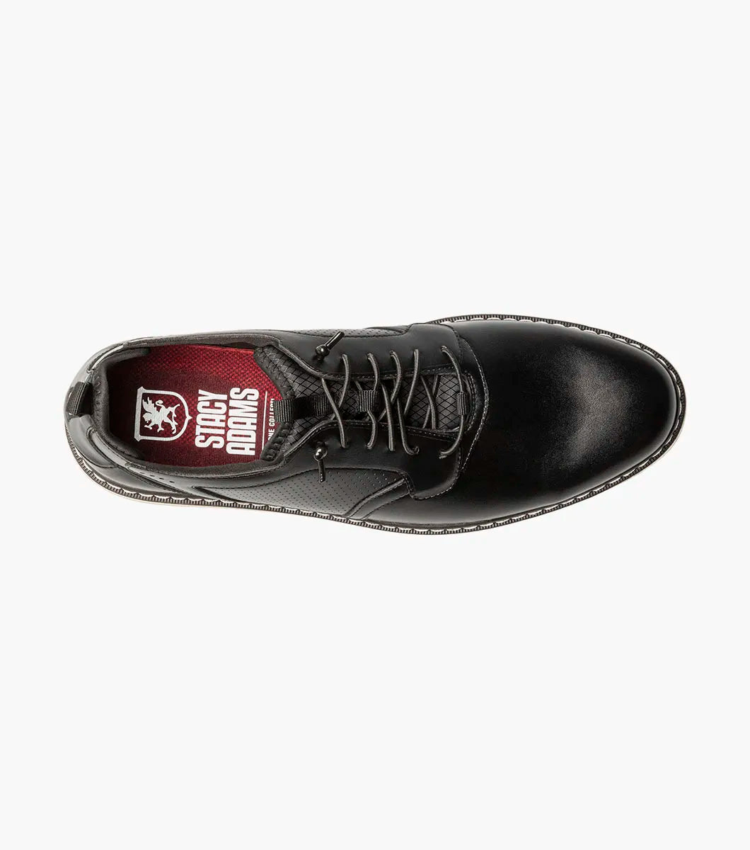 The Stacy Adams Score Plain Toe Elastic Lace Up in black features a leather upper with light gray rubber sole, white stitching, and perforated detailing on the side. Seen from a slight angle, this STACY ADAMS shoe blends refined business-casual style with everyday comfort.