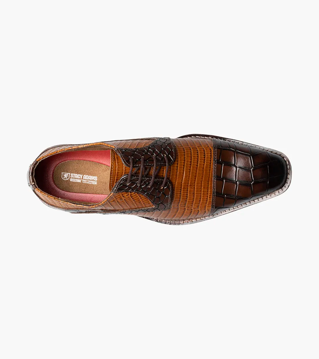 The Stacy Adams Tedesco Cap Toe Oxford in Brown Multi (25630-249) features a crocodile print pattern on the toe, sides, and vamp, set against a plain white background.