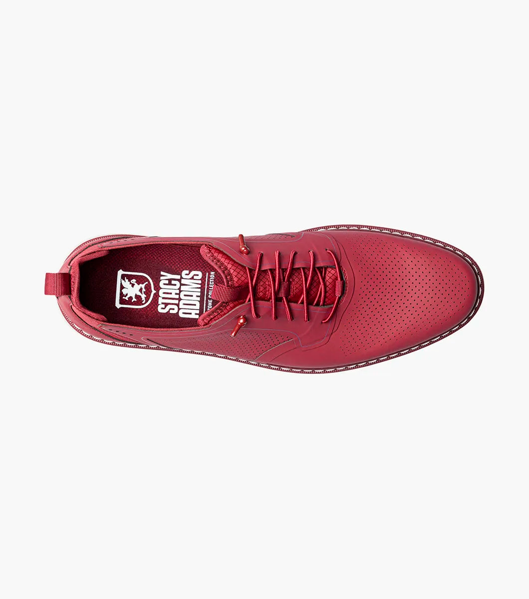 The Stacy Adams Synchro Plain Toe Elastic Lace Up sneaker in Raspberry features perforated detailing, anatomical arch support, and a white sole—shown as a single shoe on a plain white background.