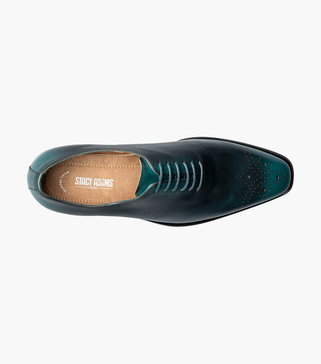 The Stacy Adams Hallquist Plain Toe Oxford in turquoise, featuring smooth leather, closed lacing, black sole, Memory Foam insole, and toe perforations, is shown on a white background.