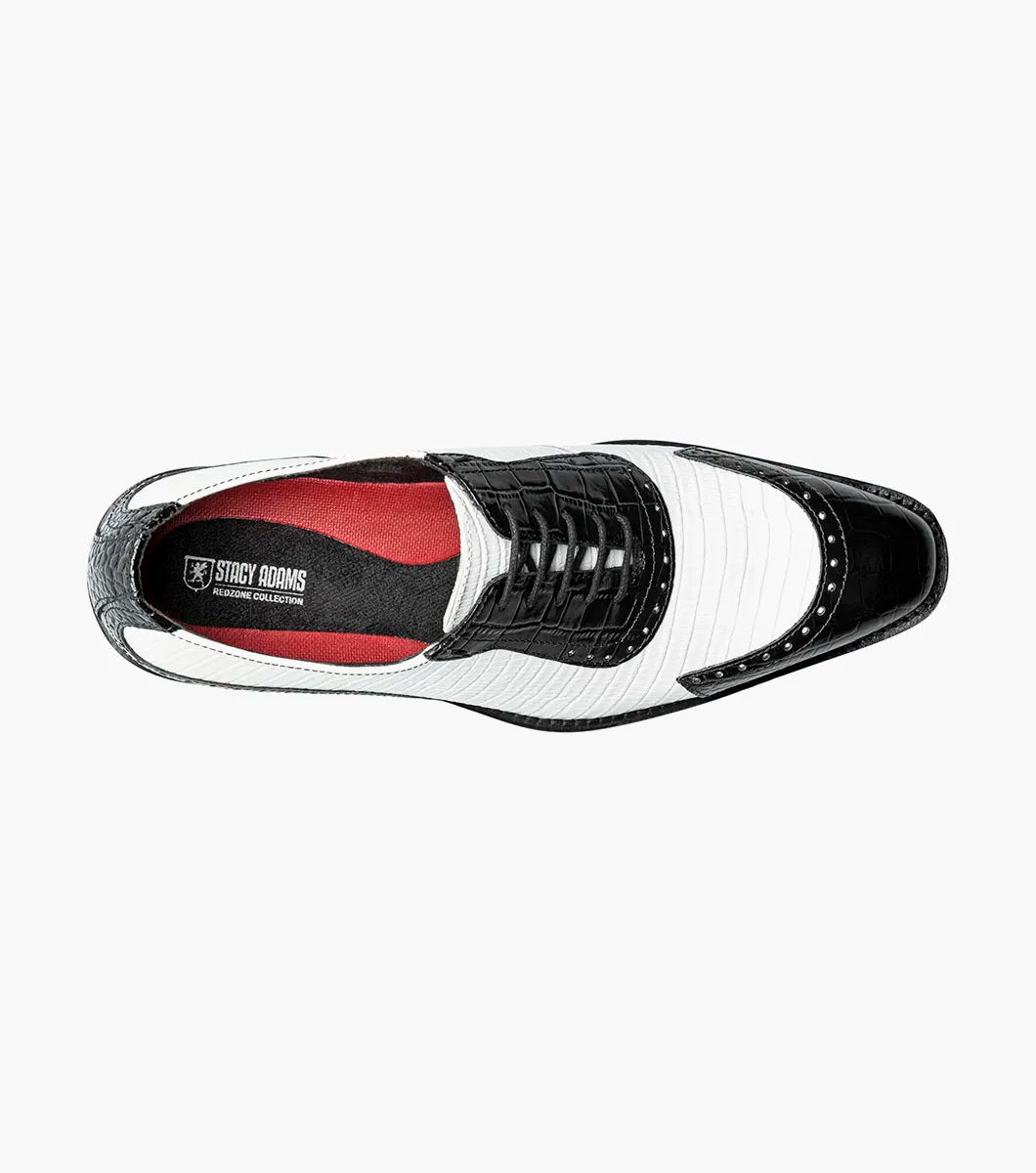 The STACY ADAMS Tarango Modified Cap Toe Oxford (Black w/White, 25770-111) is a men's lace-up dress shoe in crocodile print leather with a low heel, perfect for an elegant formal look.