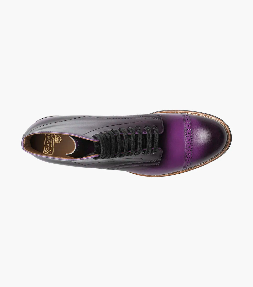 A single STACY ADAMS Madison Cap Toe Lace Up Boot in purple (00110-542) with black laces and brogue detailing is displayed on a plain white background.