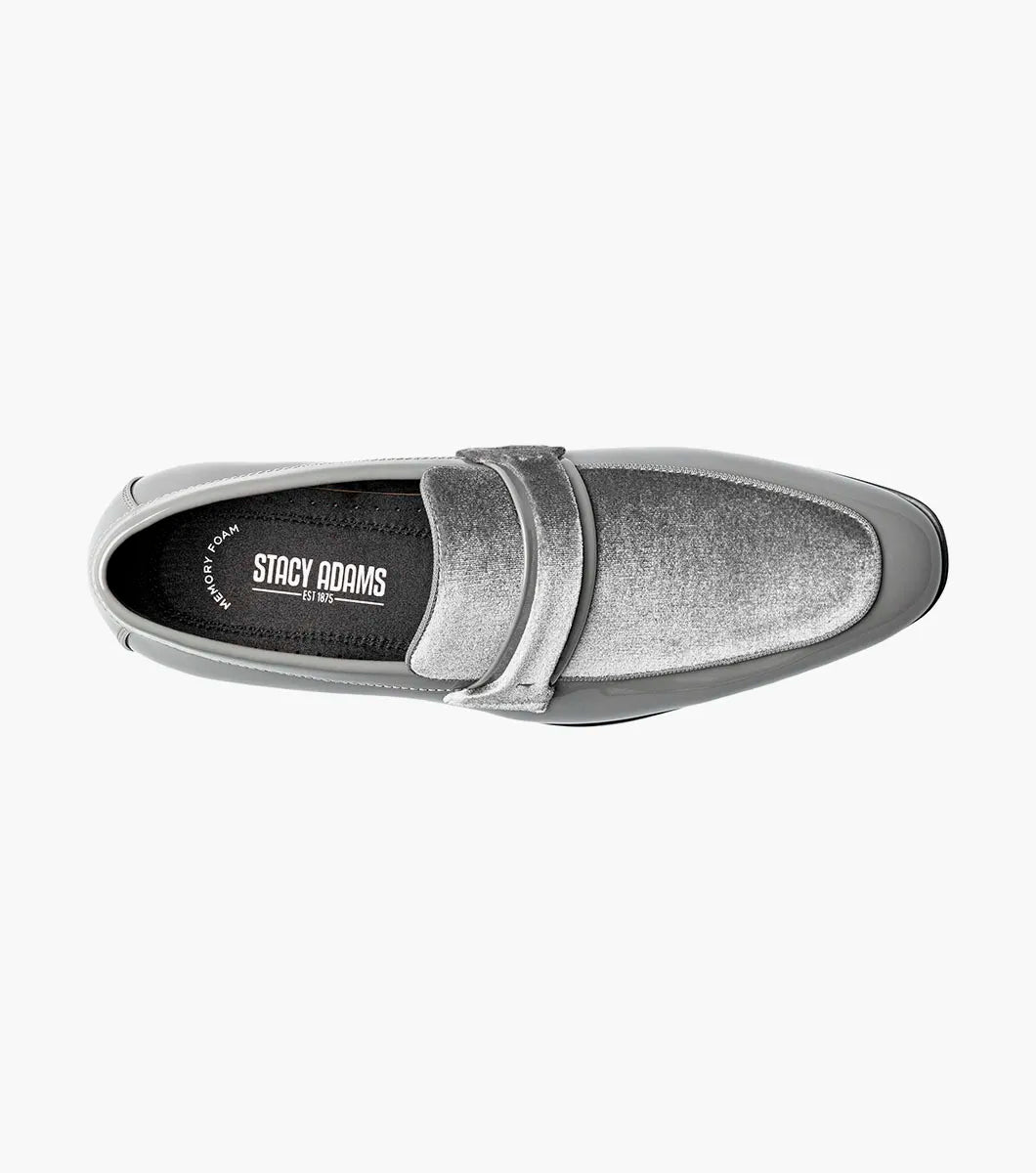 The STACY ADAMS Spratley Moc Toe Saddle Slip On in gray (25686-020) features a velour upper with a shiny patent finish, moc toe slip-on design, low heel, and rounded toe.