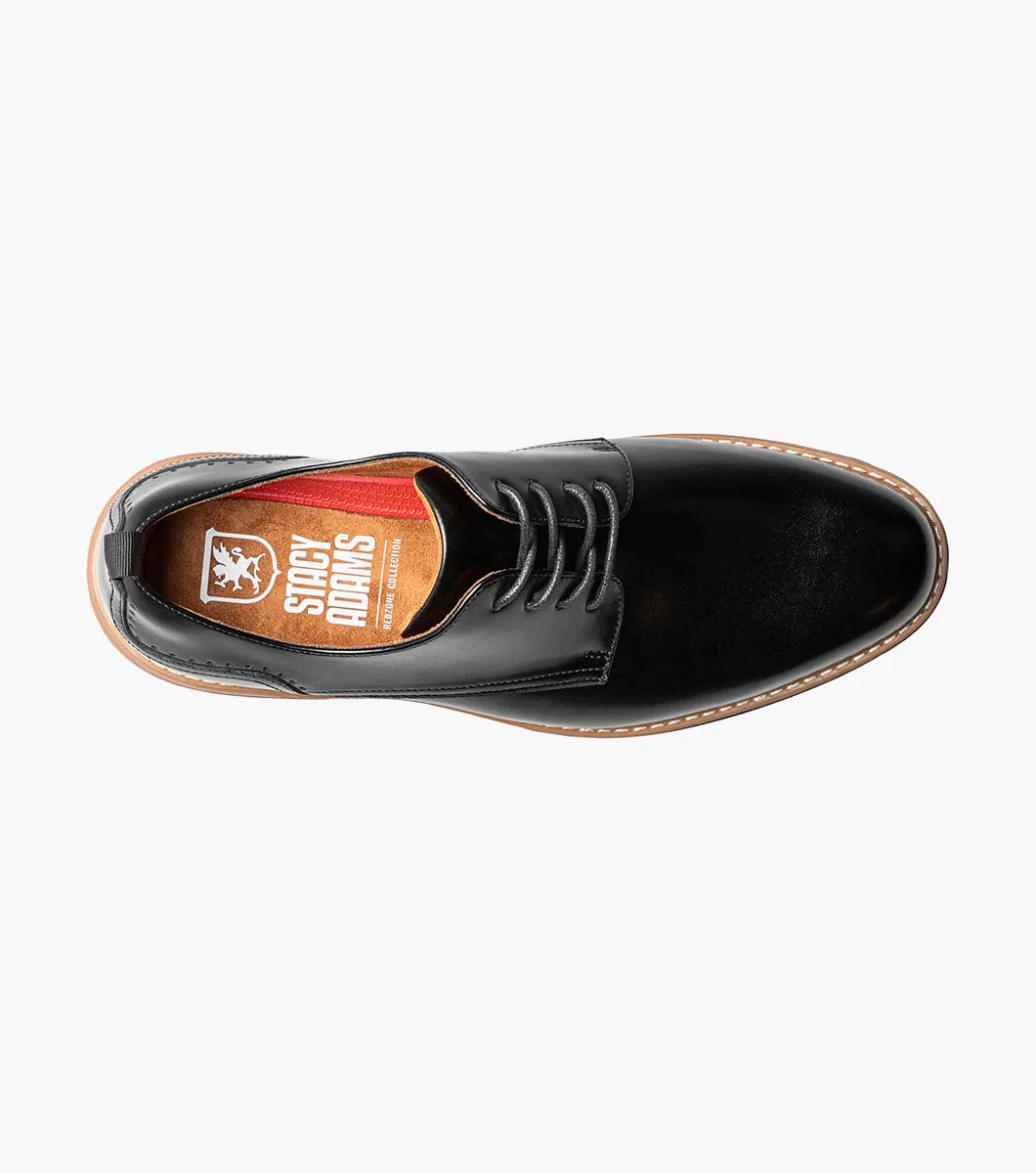 Red insole labeled "STACY ADAMS," made for the Pacer Plain Toe Oxford (25754-001), features a molded heel cup, cushioned heel pod, and anatomical arch support with highlighted text and lines.