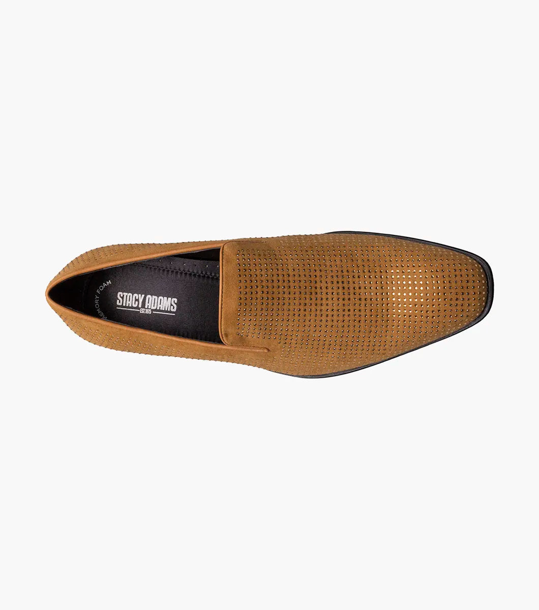STACY ADAMS Suave Rhinestone Slip On in Tan (25583-240) is a suede dress shoe loafer with perforated detail, black sole, low heel, and cushioned memory foam footbed, shown on a white background.