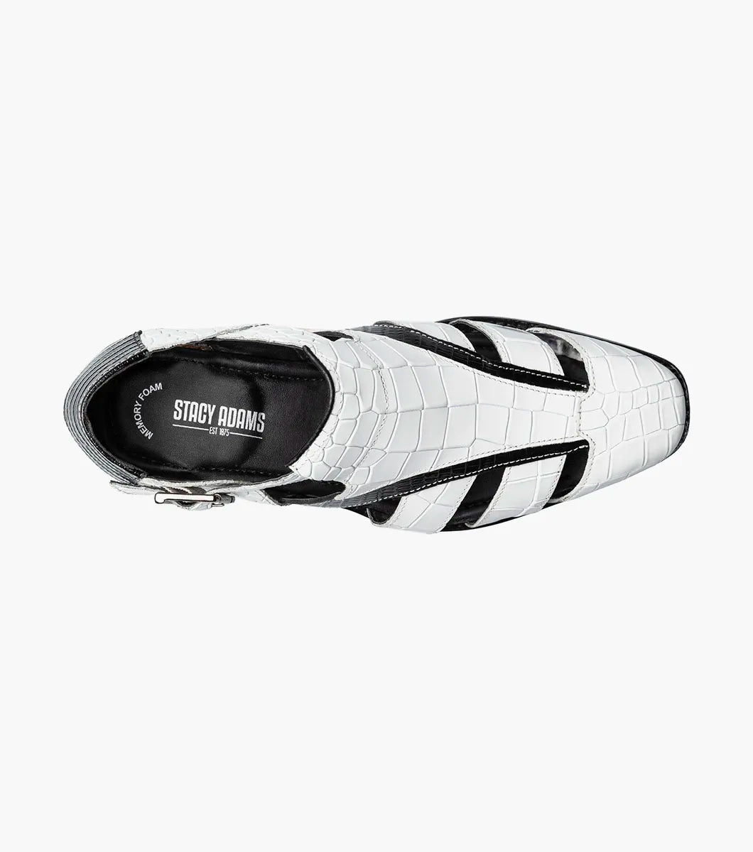 The Stacy Adams Calandro City Sandal (25695-111) features a black and white closed-toe design with cut-out sections, buckle strap, low heel, textured crocodile print leather, and a genuine leather sole.