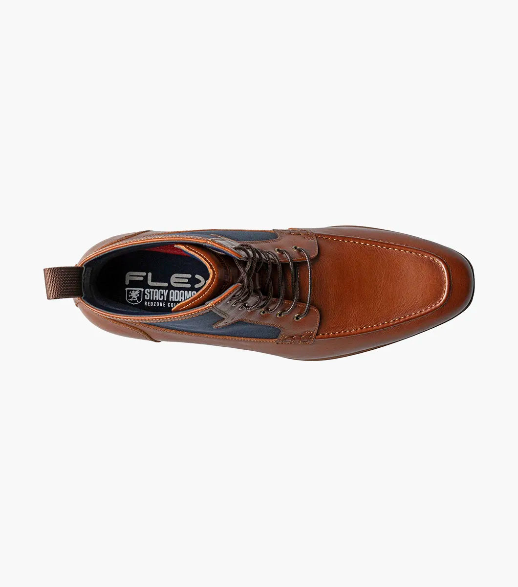 The STACY ADAMS Brumley Moc Toe Lace Up Boot in Tan Multi features burnished leather and navy fabric, a low wooden heel, cushioned footbed, and fabric pull tab.