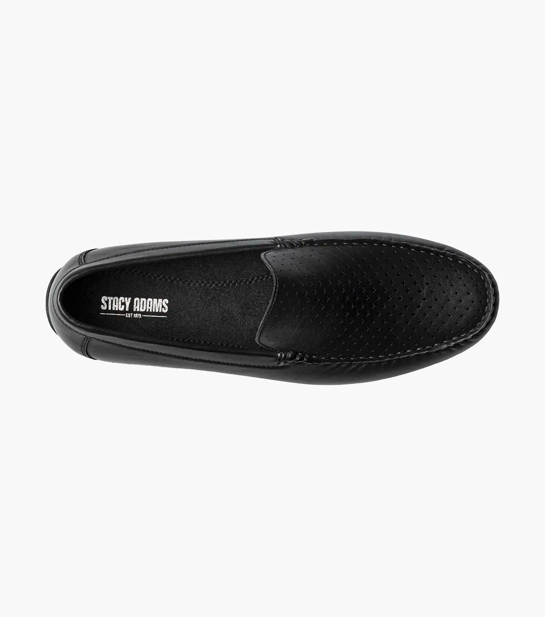 The Stacy Adams Conroy Moc Toe Perf Slip On (Black, 25702-001) features a perforated leather upper, visible stitching, low heel, striped inner lining, and cushioned footbed.