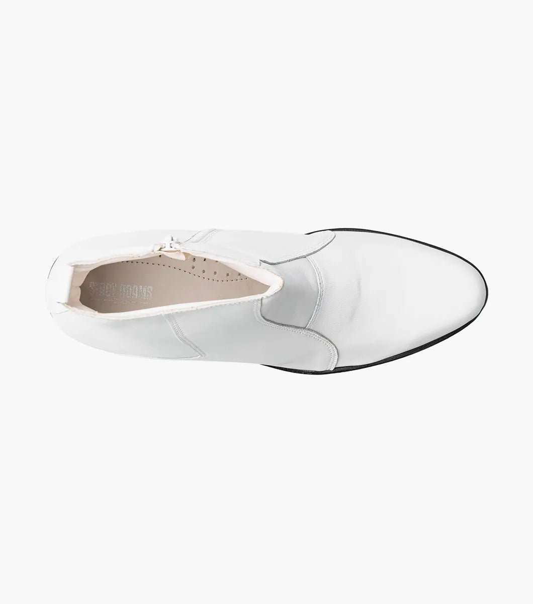 The STACY ADAMS Santos Side Zip Boot (style 24855-100) is shown here in white, crafted from supple kidskin leather with a pointed toe, low black heel, side stitching accents, and a convenient side zip closure, all set against a plain white background.