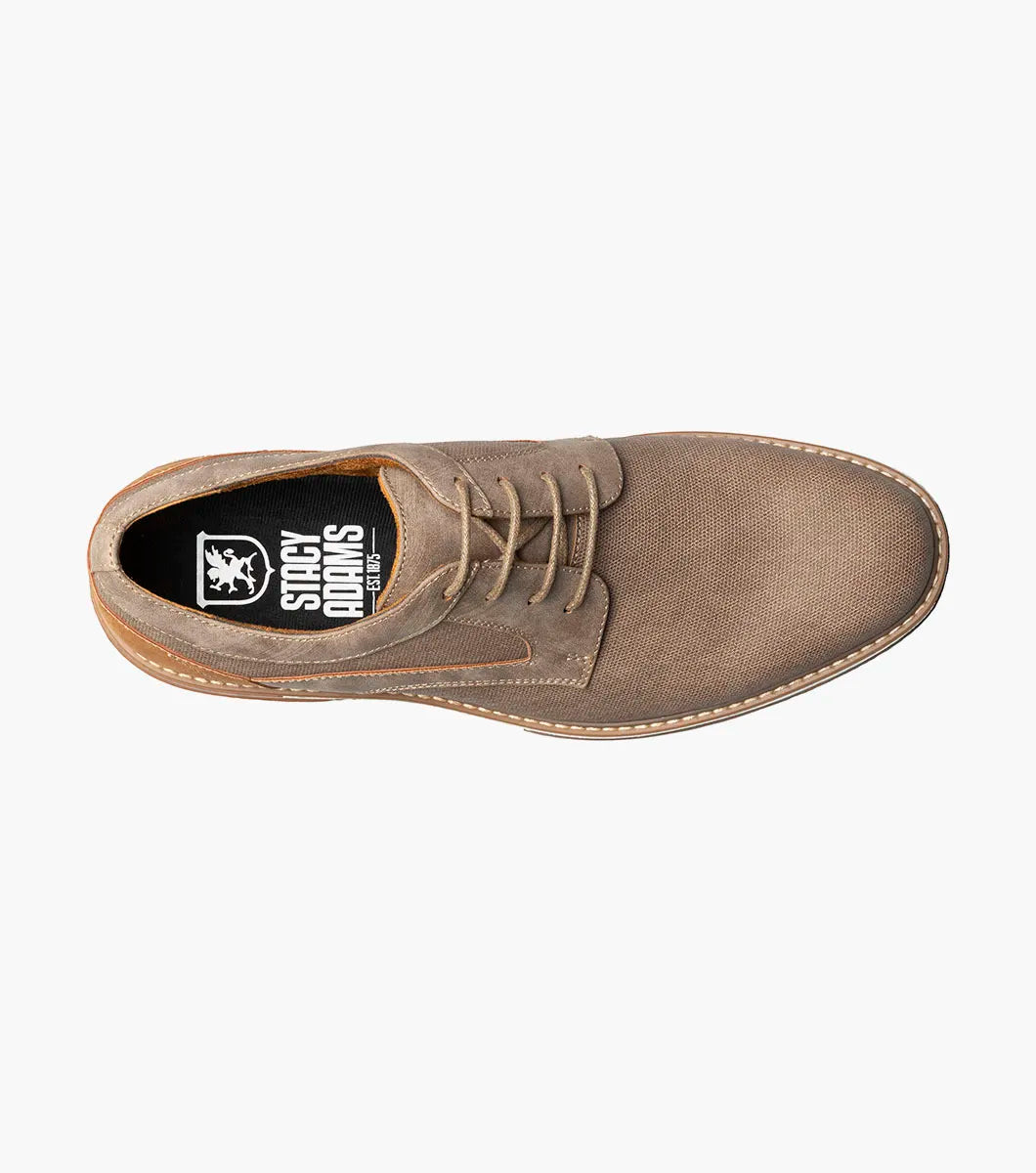 The Stacy Adams Phineas Plain Toe Oxford in taupe features a leather and fabric upper, cushioned insole, white midsole, and brown heel and sole accents. Shown in side profile on a white background.