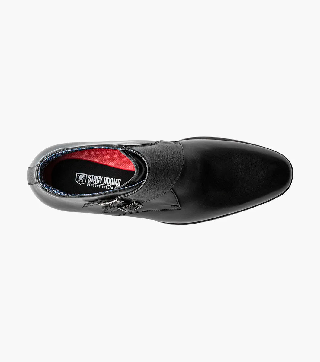 The STACY ADAMS Kaius Plain Toe Double Monk Strap Boot (25733-001) features a black leather upper, silver buckles, low stacked heel, anatomical arch support, and a patterned inner lining.