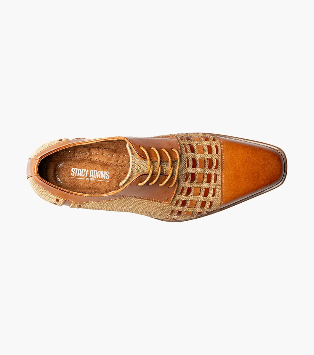 The Stacy Adams Halstead Cap Toe Oxford (Tan Multi, 25765-238) features tan calf leather, beige fabric with a lattice cutout upper, brown laces, and a Memory Foam footbed—shown on a white background.