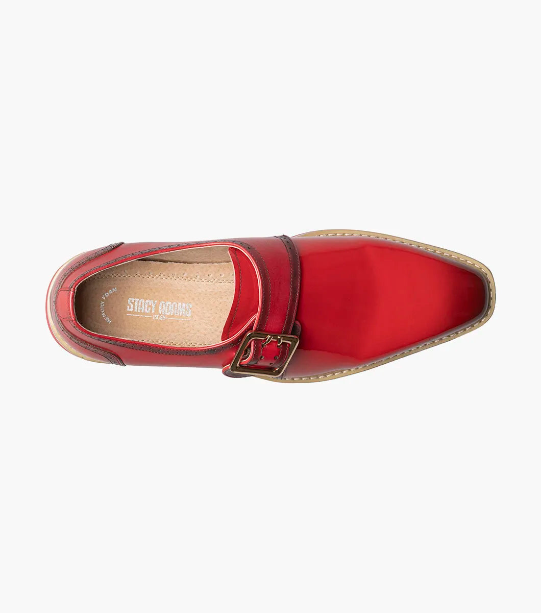 The Stacy Adams Bartram Plain Toe Monk Strap in red features a glossy patent upper, monk strap buckle, brown accents, and a white treaded sole for standout style.