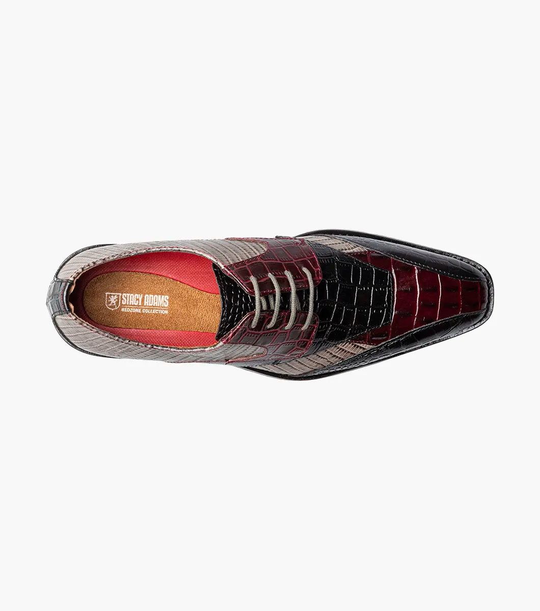 The STACY ADAMS Tristano Modified Bike Toe Oxford in Burgundy Multi (25694-641) features glossy crocodile print leather, laces, and a low heel—a sophisticated men's dress shoe ideal for formal events.
