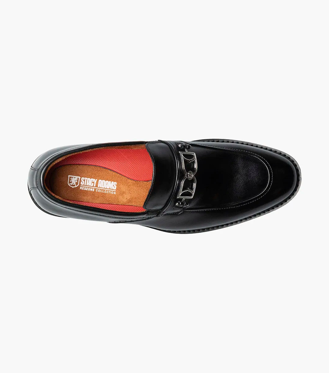 The Stacy Adams Boyd Moc Toe Bit Slip On (Black, 25753-001) features a black leather loafer design with a metal bit detail, low heel, moc toe, visible stitching, and a cushioned footbed for comfort.