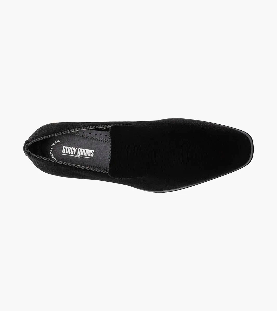 The STACY ADAMS Savian Plain Toe Velour Slip On in black (25613-001) is a black velvet loafer with a low heel, rounded toe, and memory foam footbed, shown on a plain white background.
