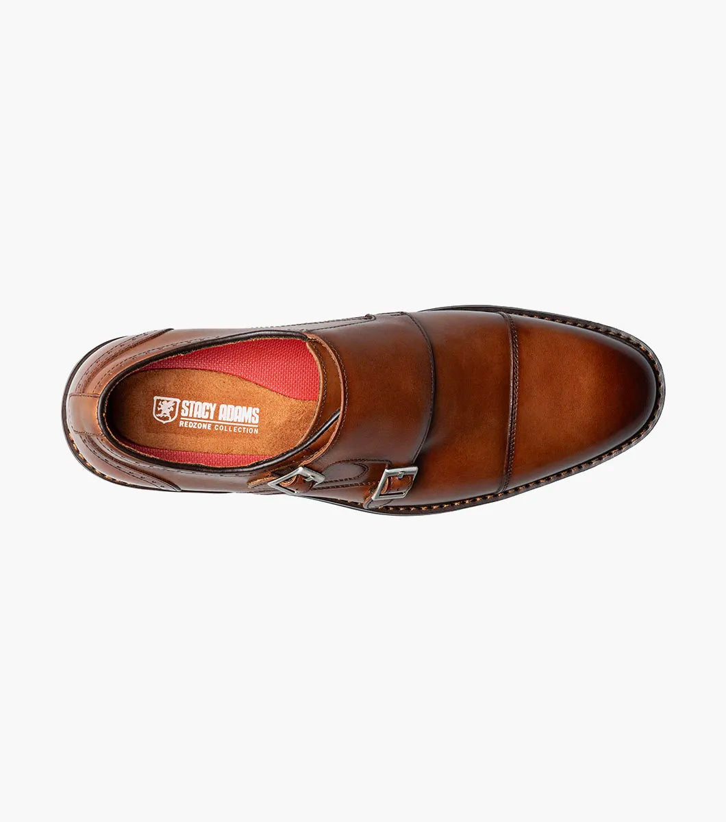 STACY ADAMS Boswell Cap Toe Double Monk Strap in Brandy (25779-226) features a cap toe, low heel, and silver buckles, shown on a white background.