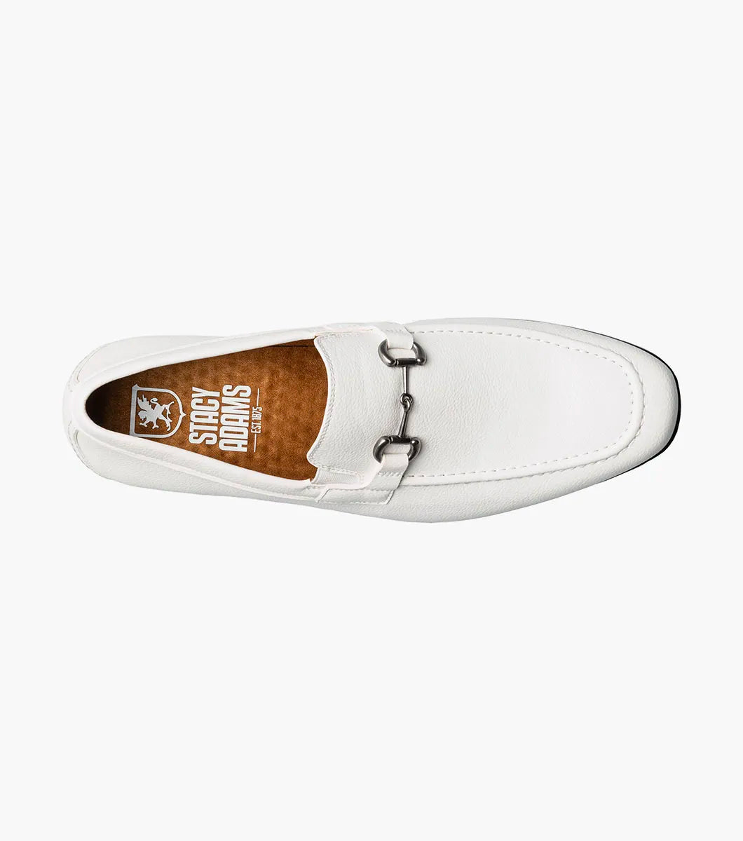 Step up your style with the STACY ADAMS Richmont Moc Toe Bit Slip On in White Tumbled (21567-117), featuring a sleek silver bit, black sole, and tan lining—classic leather loafers perfect for any dress occasion. Displayed on a white background.