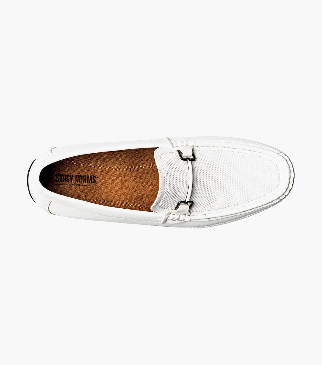 The STACY ADAMS Colton Moc Toe Bit Slip On (White, 25760-100) is a men's leather loafer with a silver bit detail, black sole, patterned heel lining, and cushioned footbed for all-day comfort.