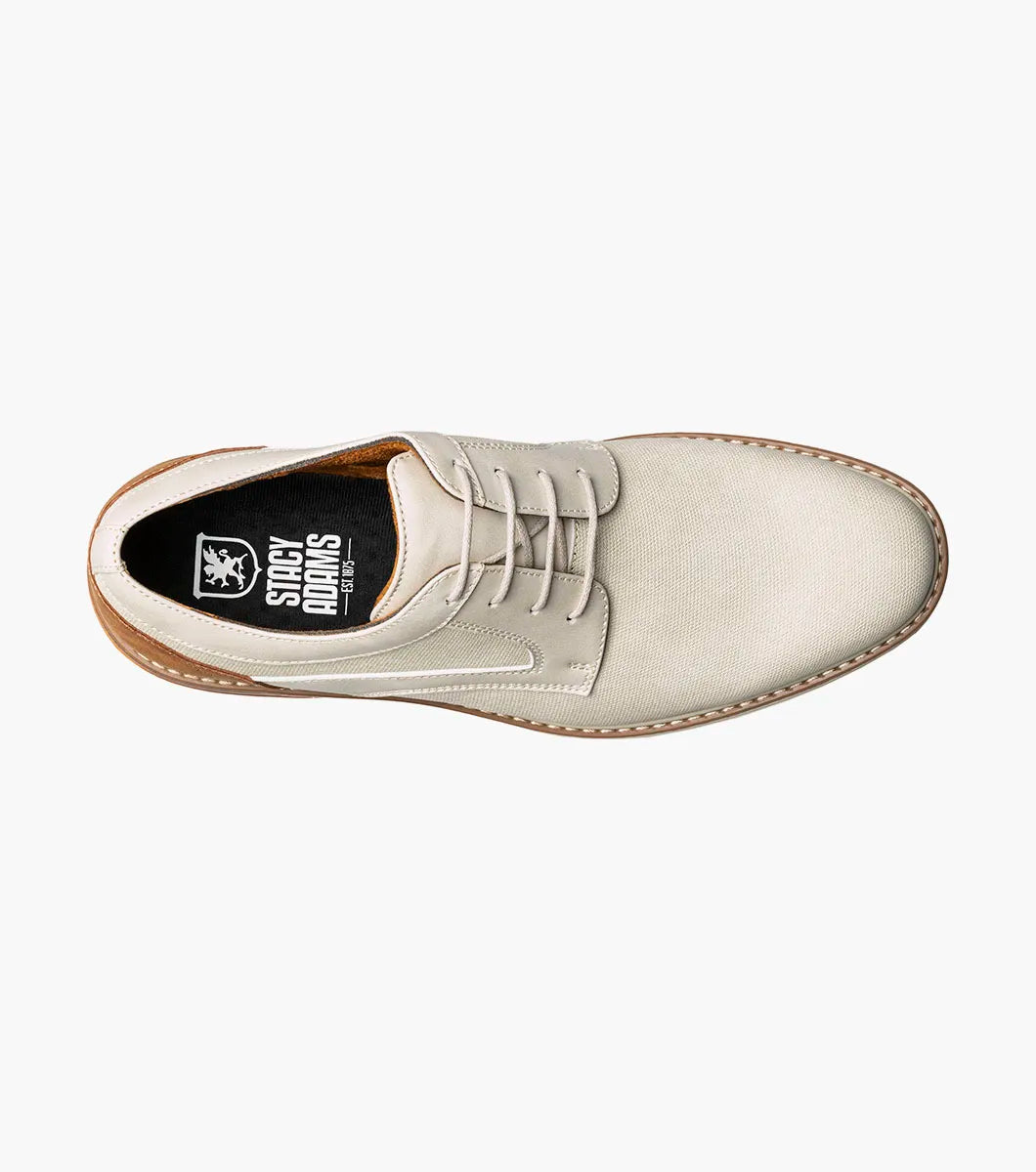 The Stacy Adams Phineas Plain Toe Oxford in sand features a stylish upper, tan leather heel accent, cushioned insole, and brown sole, shown against a plain white background.