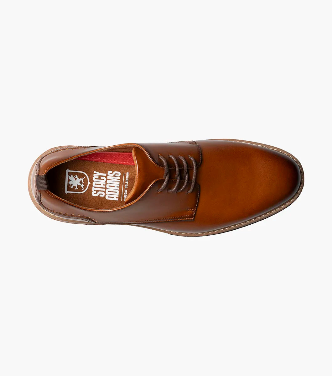 The Stacy Adams Pacer Plain Toe Oxford in Cognac (25754-221) is shown on a white background—its classic lace-up design and low heel make it ideal for both dress casual and formal occasions.