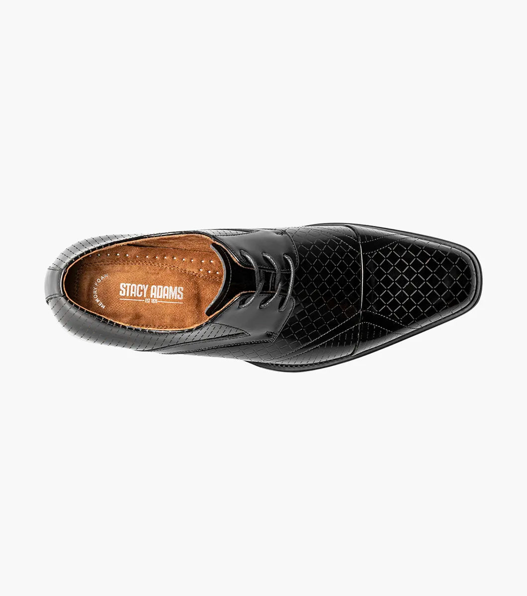 The Stacy Adams Hobson Cap Toe Oxford (25764-001) is a single black dress shoe with shiny, laser-etched geometric leather and black laces, displayed on a plain white background.