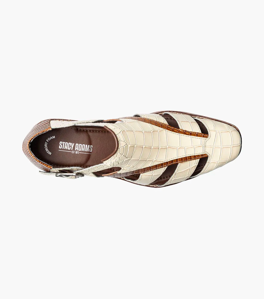 The Stacy Adams Calandro City Sandal in Ivory Multi (25695-114) features crocodile print leather, cream and brown color, closed toe, side buckle, cut-out details, cushioned footbed, and low heel.