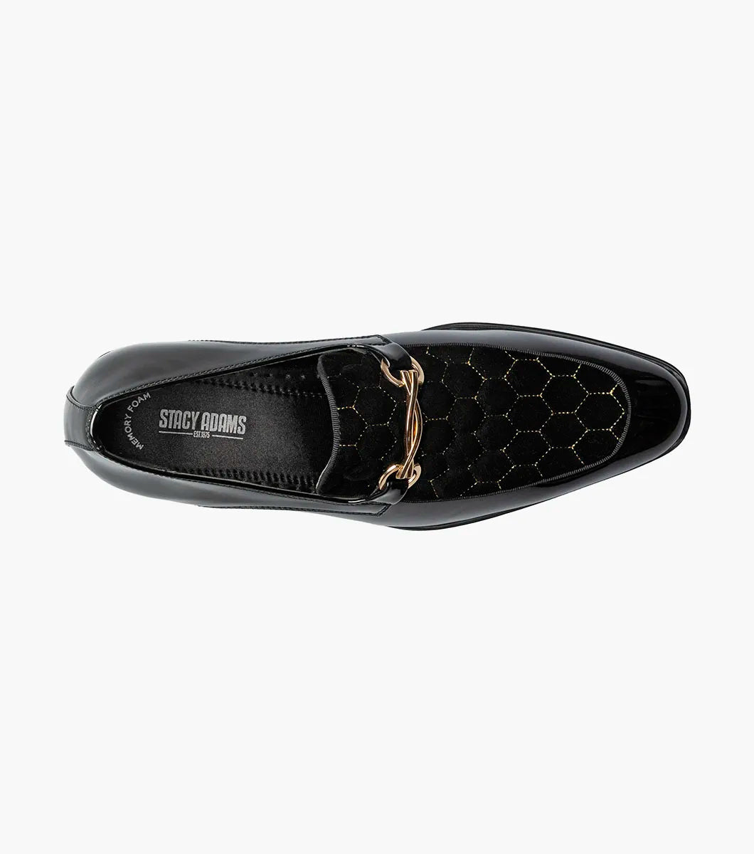 The STACY ADAMS Sprague Moc Toe Bit Slip On (Black, 25732-001) features a textured patent leather upper, gold metal bit detail, and low heel—ideal for elevating your dress shoe collection.