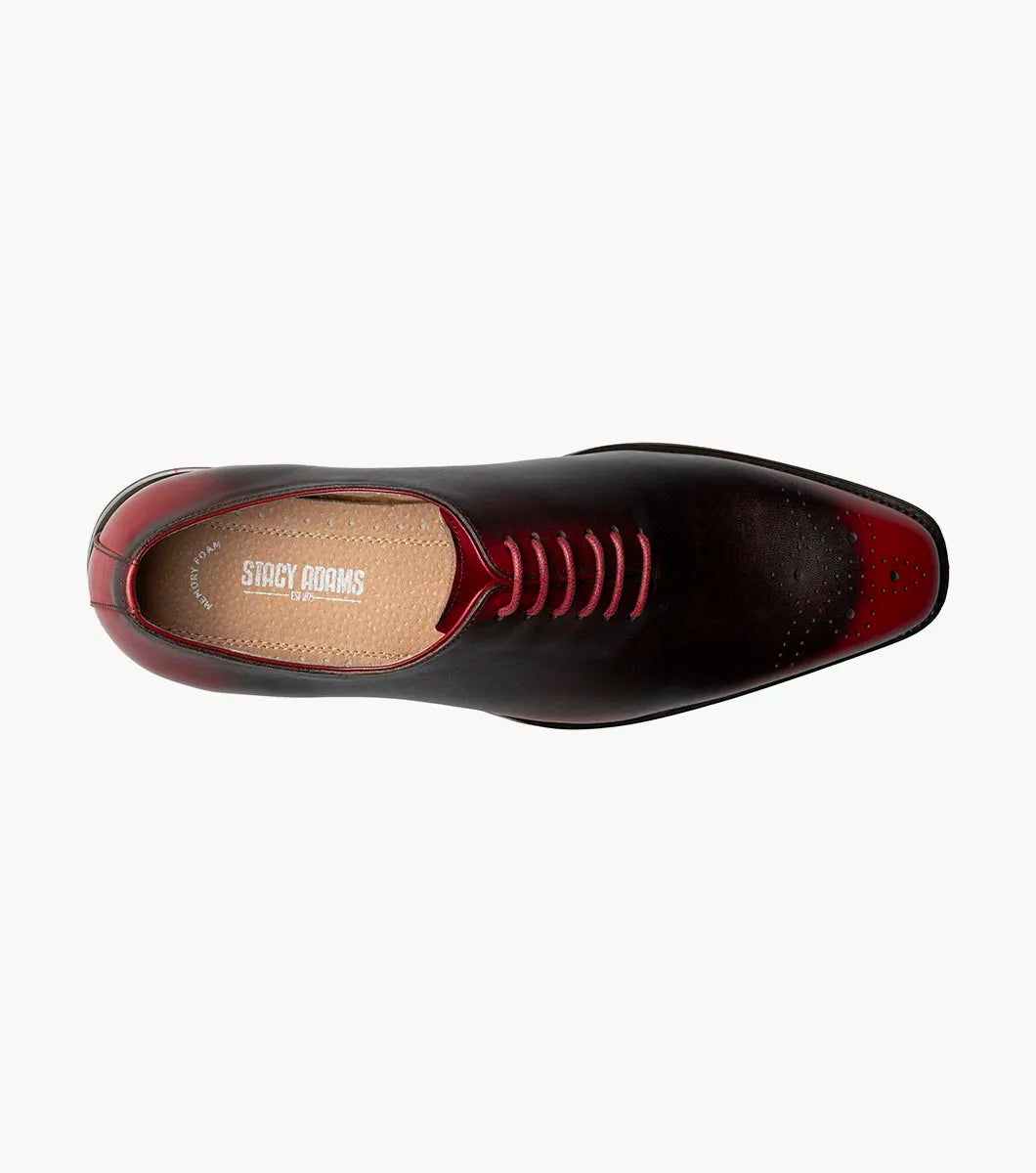 The STACY ADAMS Hallquist Plain Toe Oxford in red (25742-600) features black leather, laces, memory foam insole, low heel, and decorative toe perforations. Displayed individually on a white background.