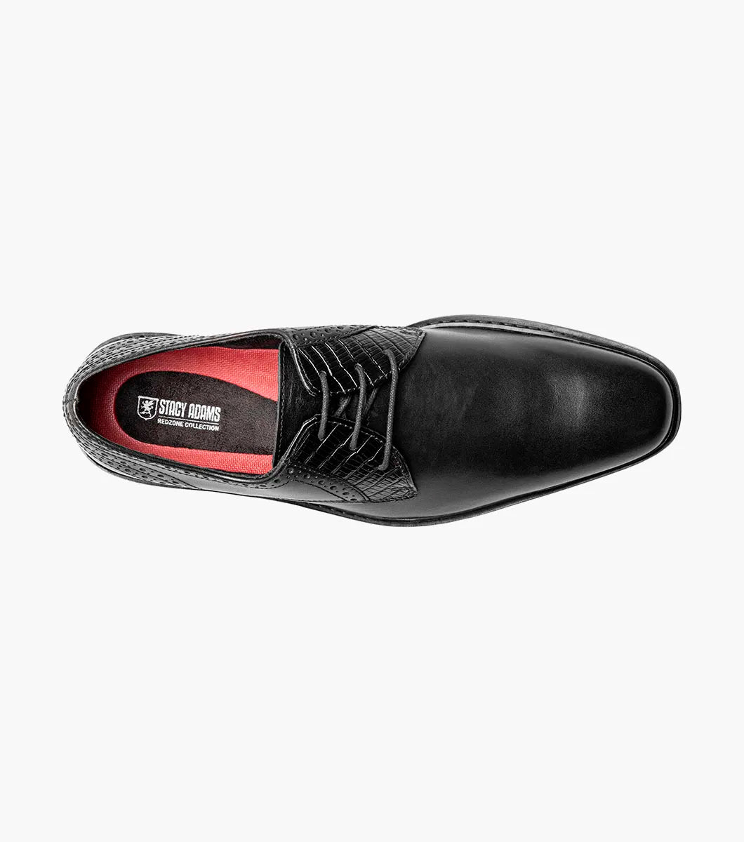 The Stacy Adams Giorgetti Plain Toe Oxford in black features lizard print leather, a low heel, lace-up closure, textured accents by the laces, and a cushioned footbed, shown on a plain white background.