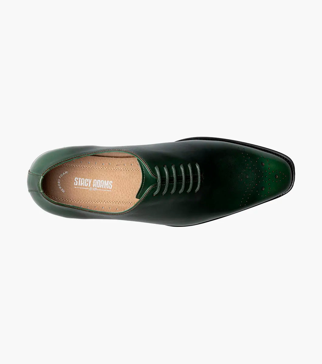 A single green STACY ADAMS Hallquist Plain Toe Oxford leather shoe (style 25742-300) with laces and decorative perforations on the toe, shown isolated on a white background.
