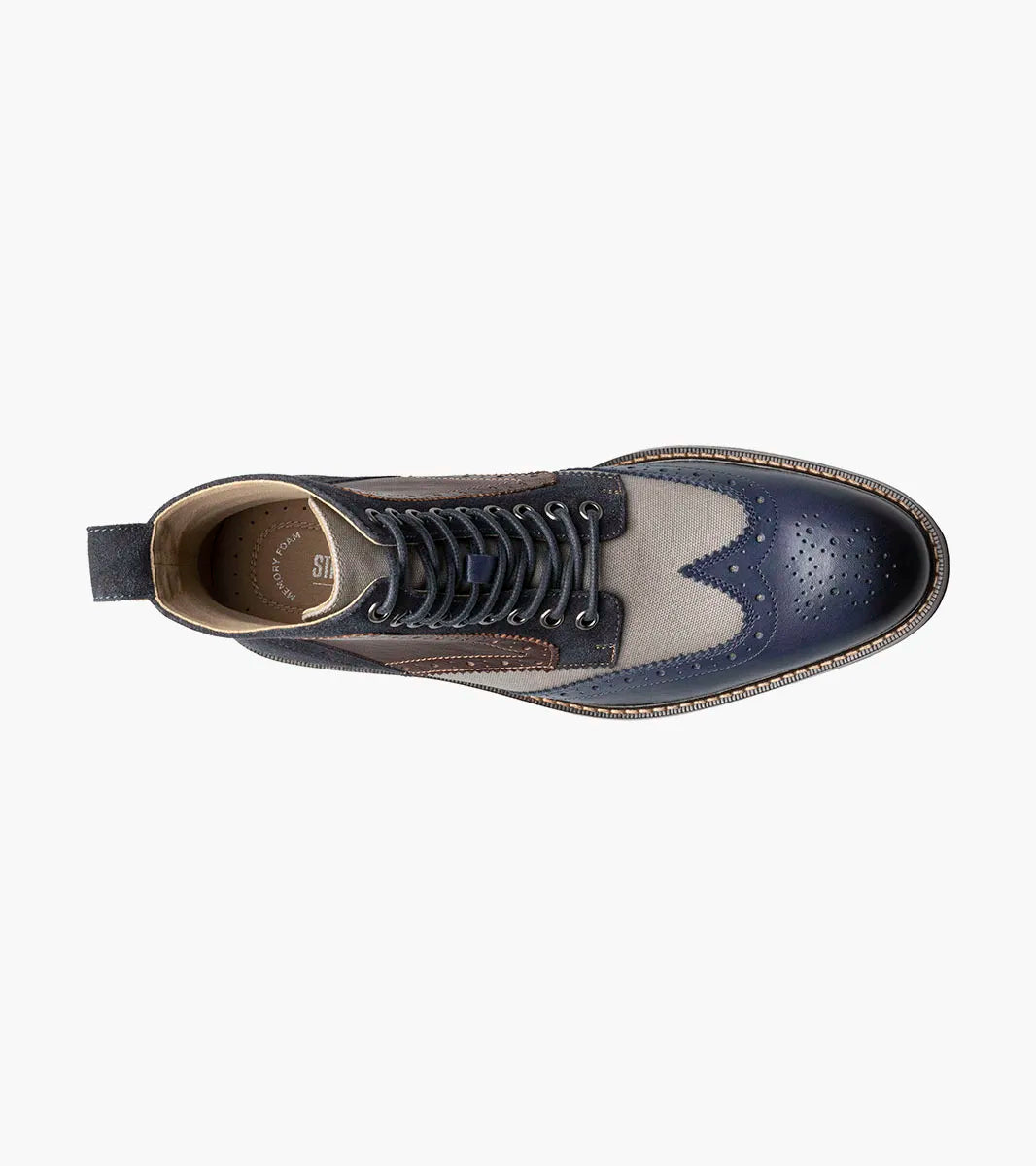 The STACY ADAMS Finnegan Wingtip Lace Up Boot (Navy Multi) features navy, brown, and gray leather with perforated details, suede accents, memory foam insole for comfort, and a classic brown sole.