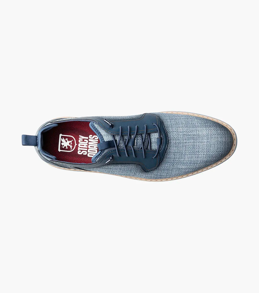 The Stacy Adams Sebert Plain Toe Elastic Lace Up in Navy (25771-410) features a textured upper, smooth leather accents, and a light rubber sole—offering stylish comfort for men. Shown on a plain white background.