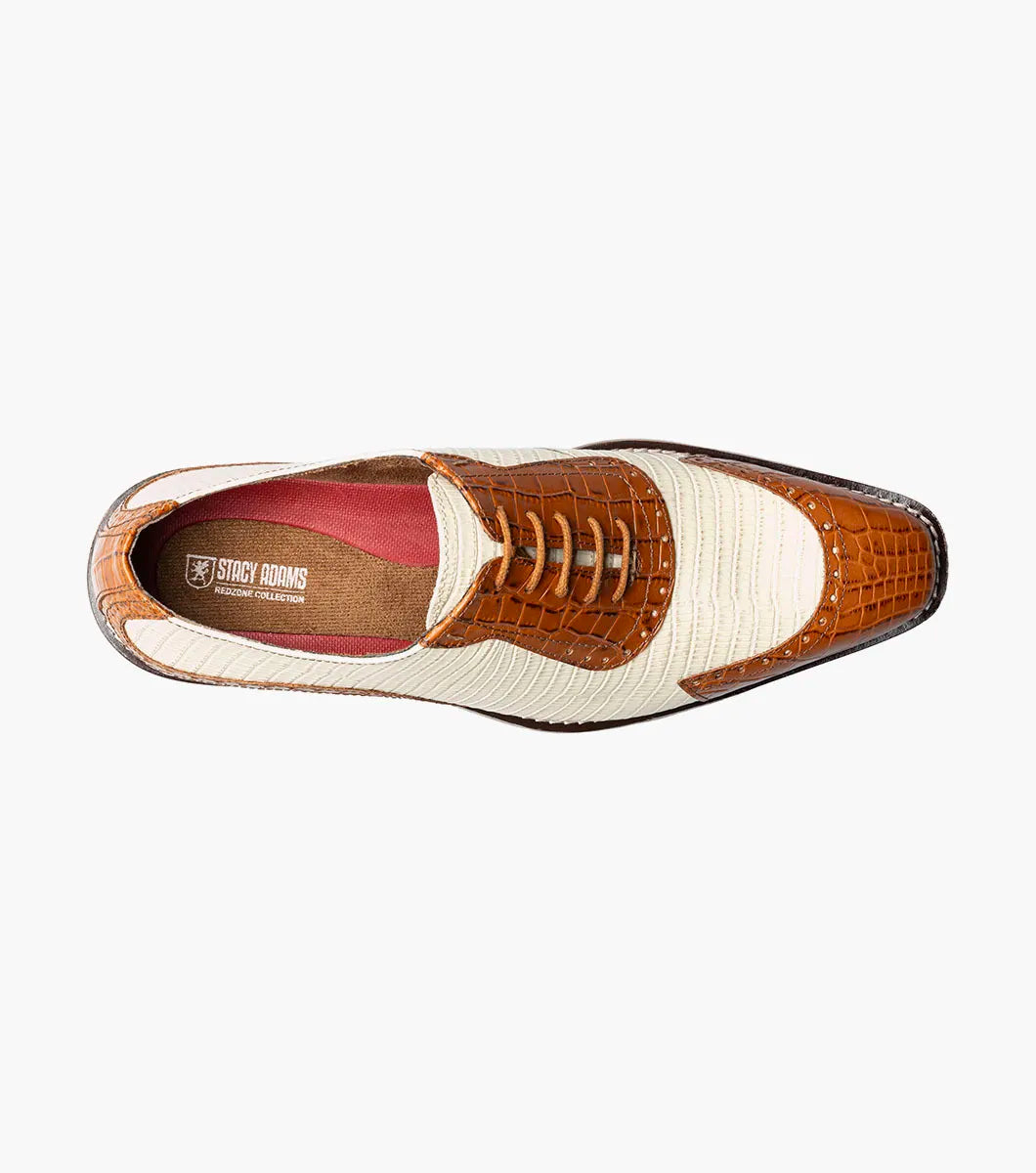 The STACY ADAMS Tarango Modified Cap Toe Oxford in Tan Multi (25770-238) blends tan leather and cream fabric with a closed lace design and low wooden heel—an ideal formal shoe for stylish men.