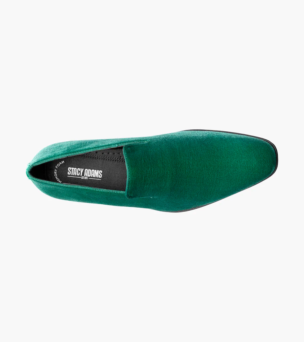 A single STACY ADAMS Savian Plain Toe Velour Slip On in emerald (style 25613-312), featuring a memory foam footbed and low black heel, is displayed on a white background.
