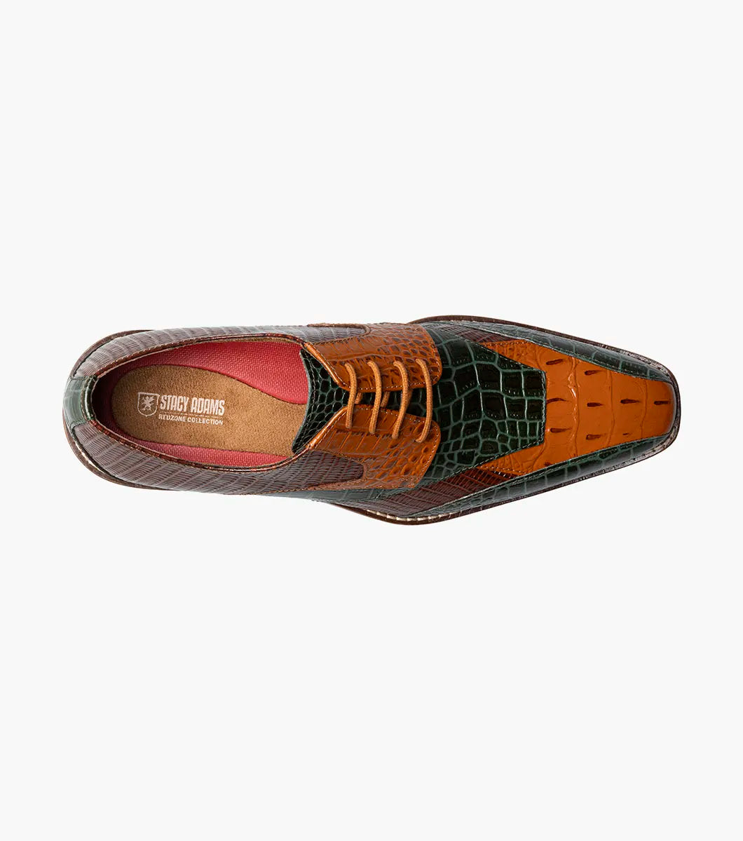 The STACY ADAMS Tristano Modified Bike Toe Oxford (Green Multi, 25694-340) is a men's lace-up shoe made from brown and green crocodile print leather with a low heel and anatomical arch support for comfort.