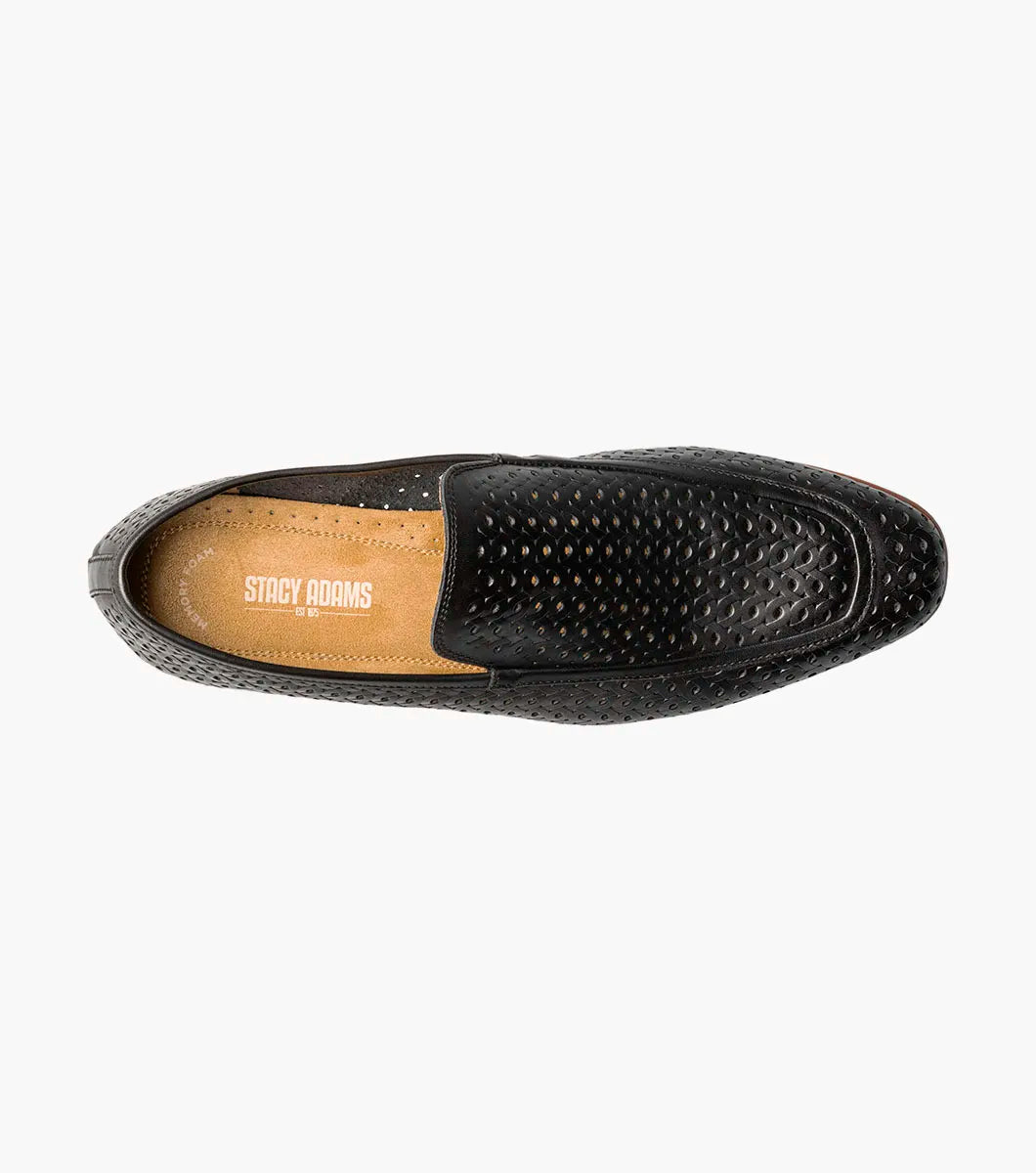 The STACY ADAMS Winden Moc Toe Perf Slip On (Black, 25645-001) features a perforated leather design, memory foam insole for comfort, low heel, and brown sole, shown on a white background.