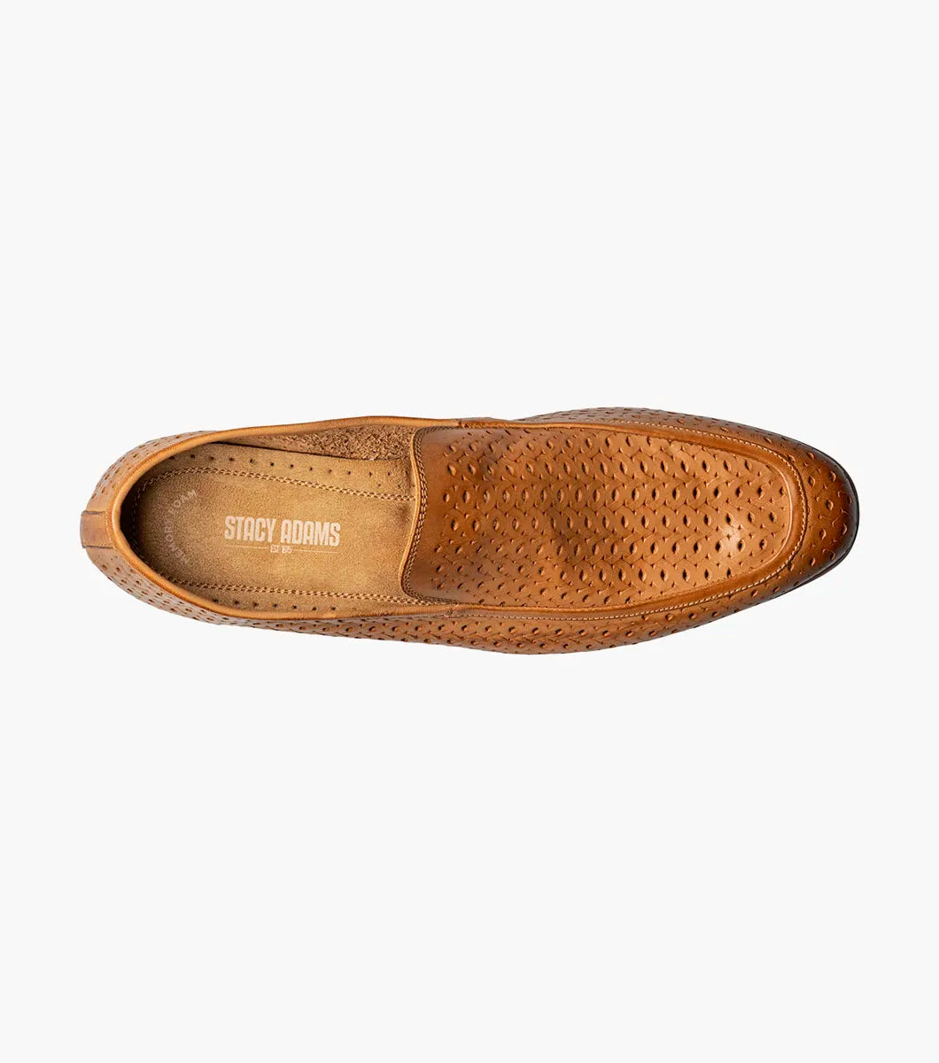 The STACY ADAMS Winden Moc Toe Perf Slip On in Natural (25645-280) is a men's summer shoe with perforations, memory foam insole, low stacked heel, and a sleek silhouette. Shown on a white background.