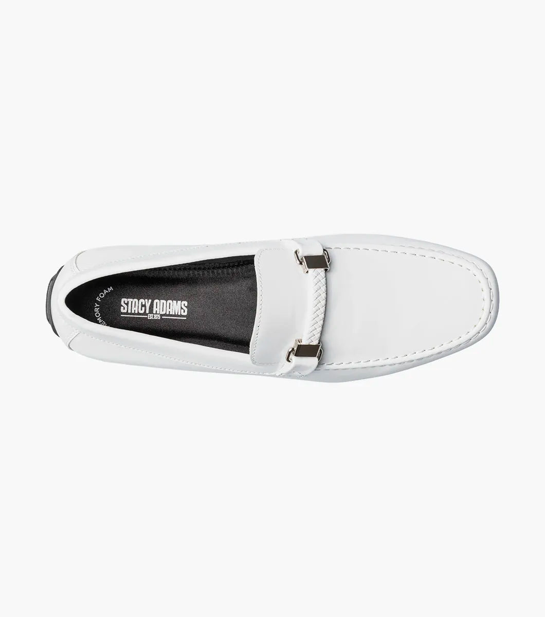 The STACY ADAMS Sheridan Moc Toe Bit Slip On (25761-122) is a white patent loafer with metal bit detail, a black sole, and visible stitching, shown on a plain white background.