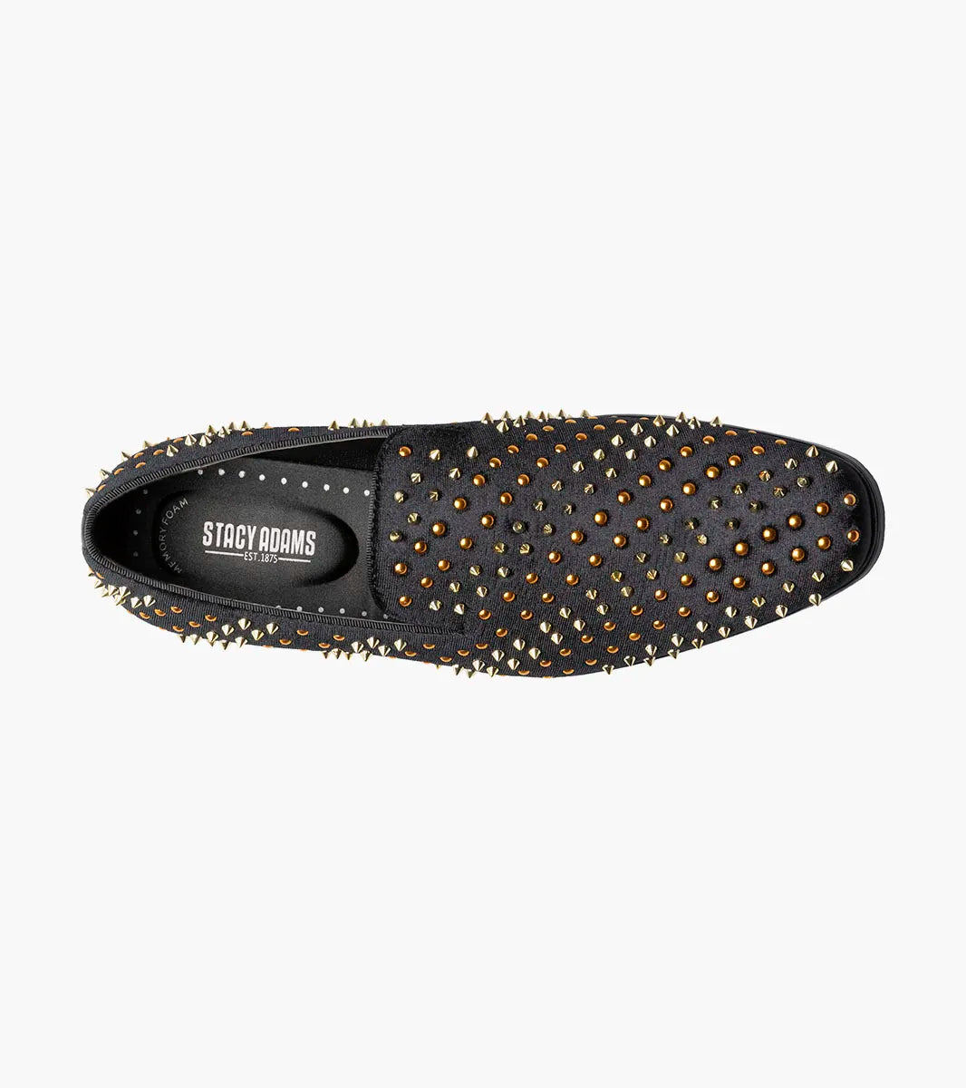 The STACY ADAMS Sabert Spike and Stud Slip On (Black Multi, 25612-009) features gold spikes on the upper and heel plus a Memory Foam footbed for comfort.