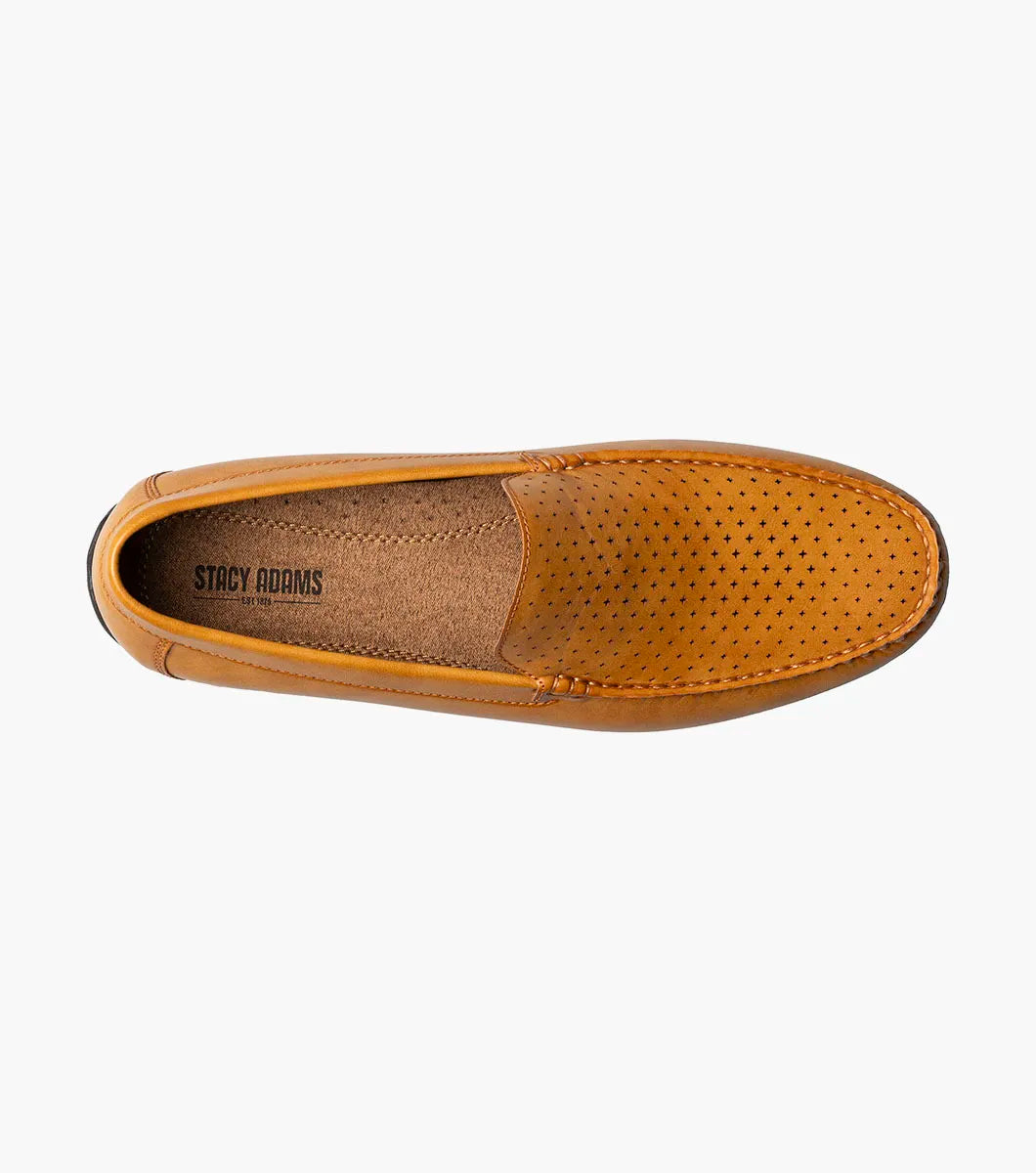 The STACY ADAMS Conroy Moc Toe Perf Slip On (25702-240) in tan features perforated leather uppers, cushioned footbed for all-day comfort, and is shown in a side profile against a white background.