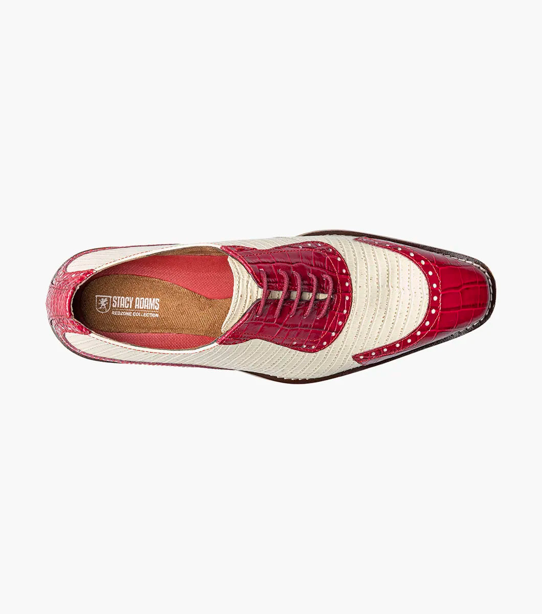 The STACY ADAMS Tarango Modified Cap Toe Oxford (Raspberry/Ivory) features beige textured sides with raspberry crocodile print leather on the toe, eyestay, and heel.