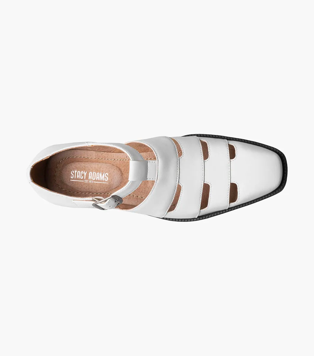 The Stacy Adams Calderon Closed Toe City Sandal in white features multiple cutouts, a side buckle strap, memory foam footbed, low black heel, and flat sole. Shown in profile against a plain background.