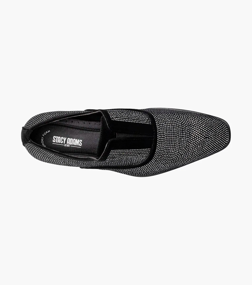 The STACY ADAMS Starleigh Rhinestone Plain Toe Slip On in black and silver (25685-042) features a velour textile upper, textured metallic silver mesh pattern, and low black heel, shown on a plain white background.