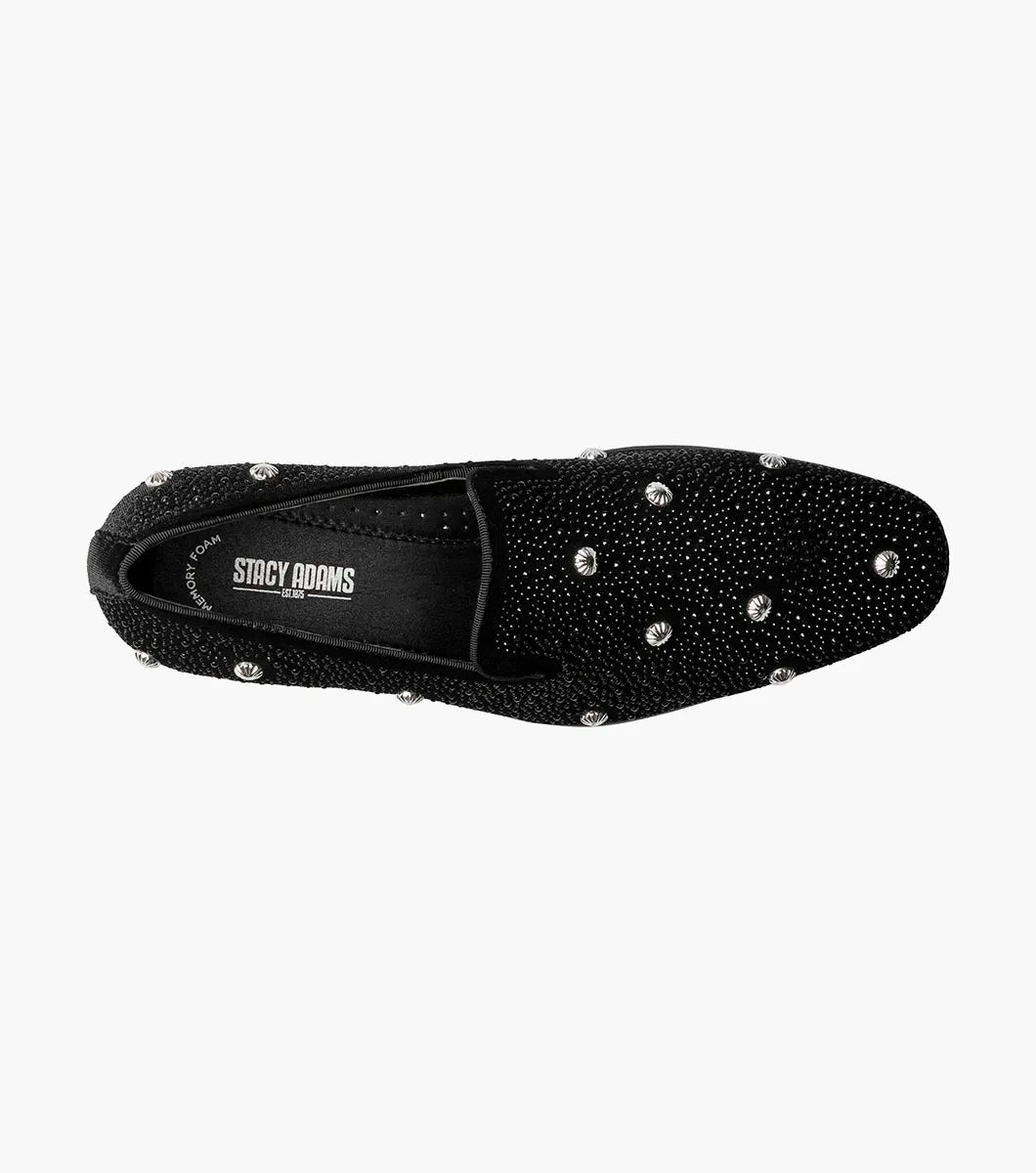 The Stacy Adams Spangle Rhinestone Slip On in black and silver features supple kidskin leather, low heel, plus sparkling rhinestones and round studs for added flair.